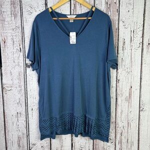 NWT CJ Banks Plus Size 1X 16/18W Strappy V-Neck Blue Short Sleeve Lace Trim Top